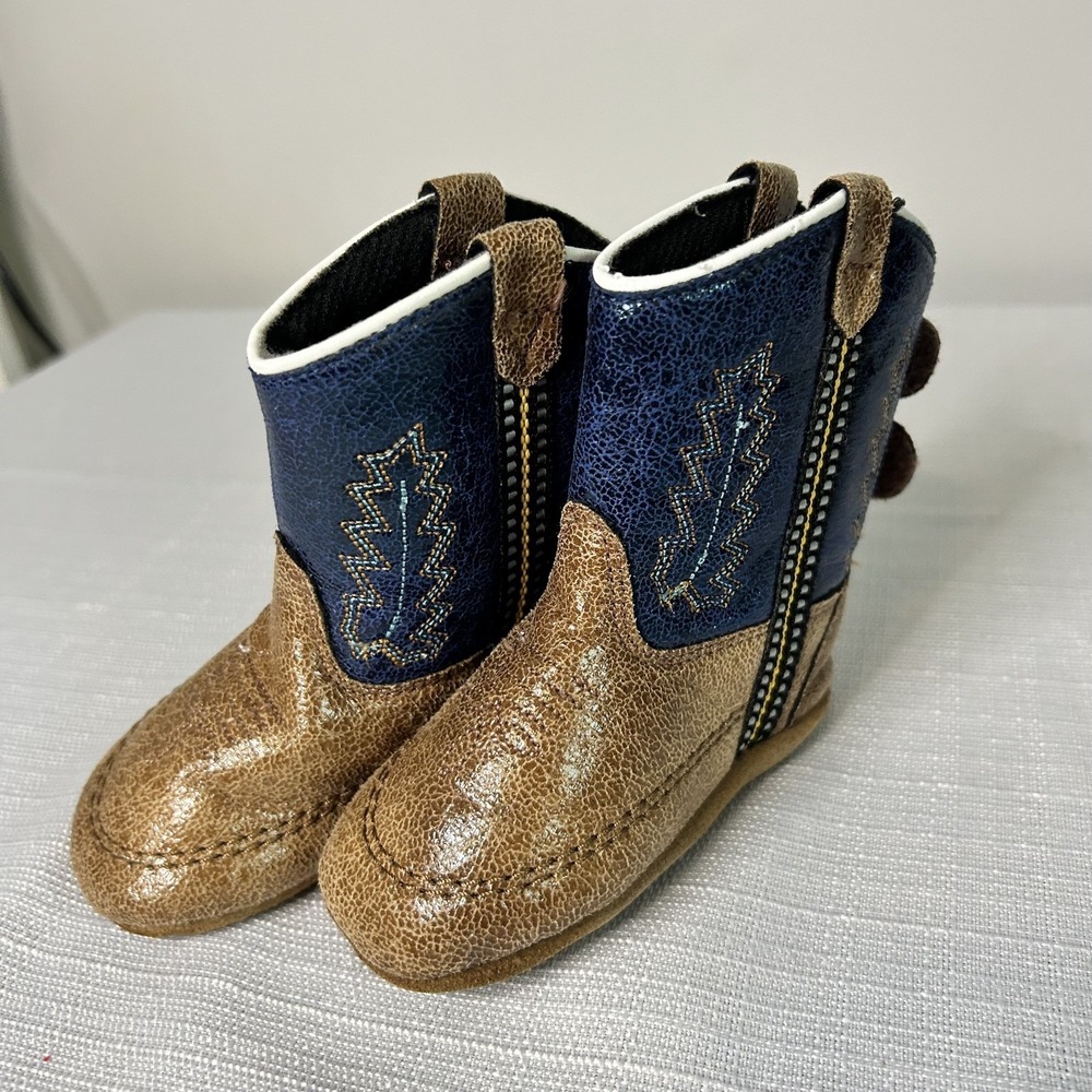 Old West Baby Infant Toddler Cowboy Boots Size 4 Navy Tan Western Soft Sole‎
